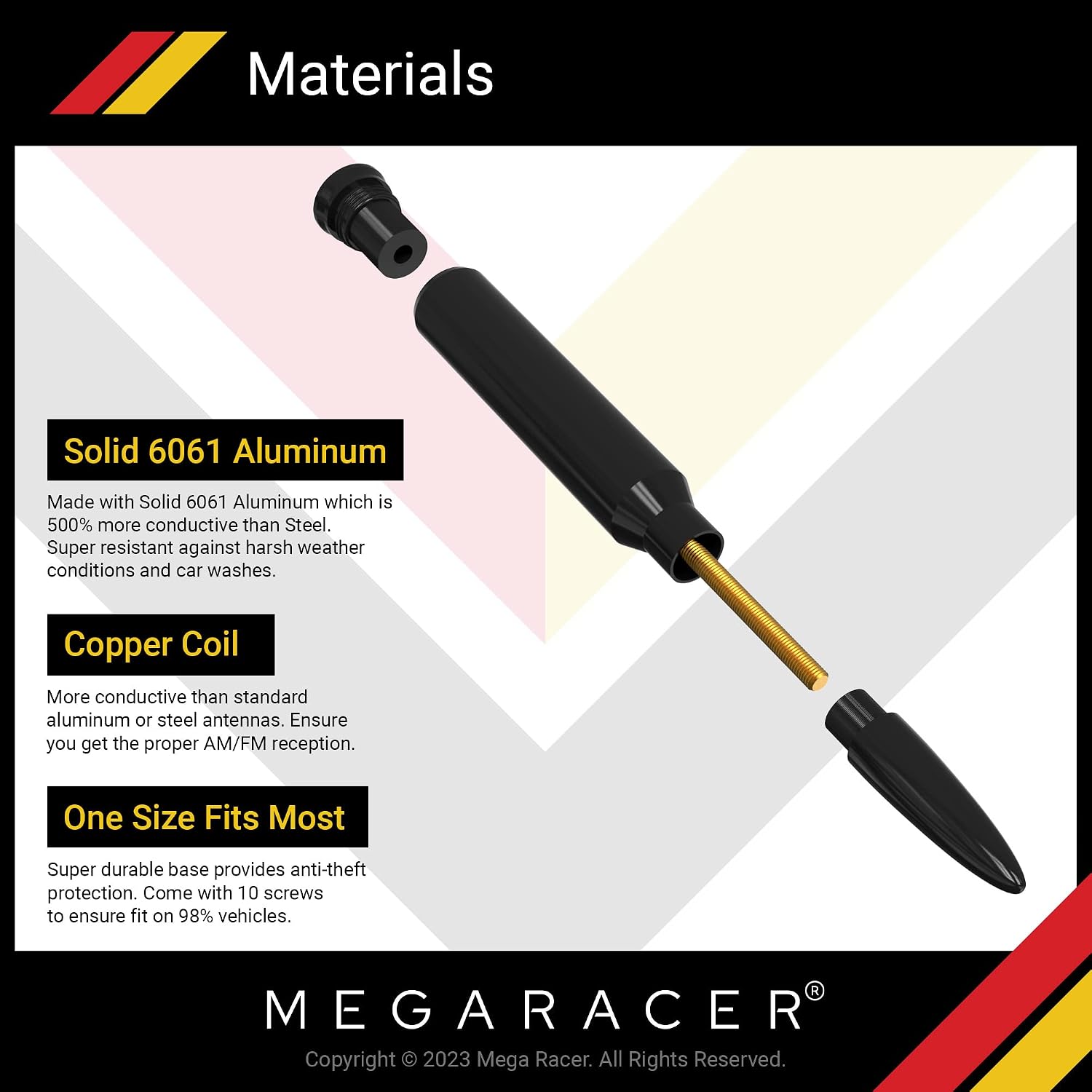 Mega Racer 5.5" Black Antenna, 6061 Solid Aluminum Body & Copper Coil Internal, Universal Automotive Antenna Replacement, Car Wash Safe, Anti-Theft Design, Pack of 1