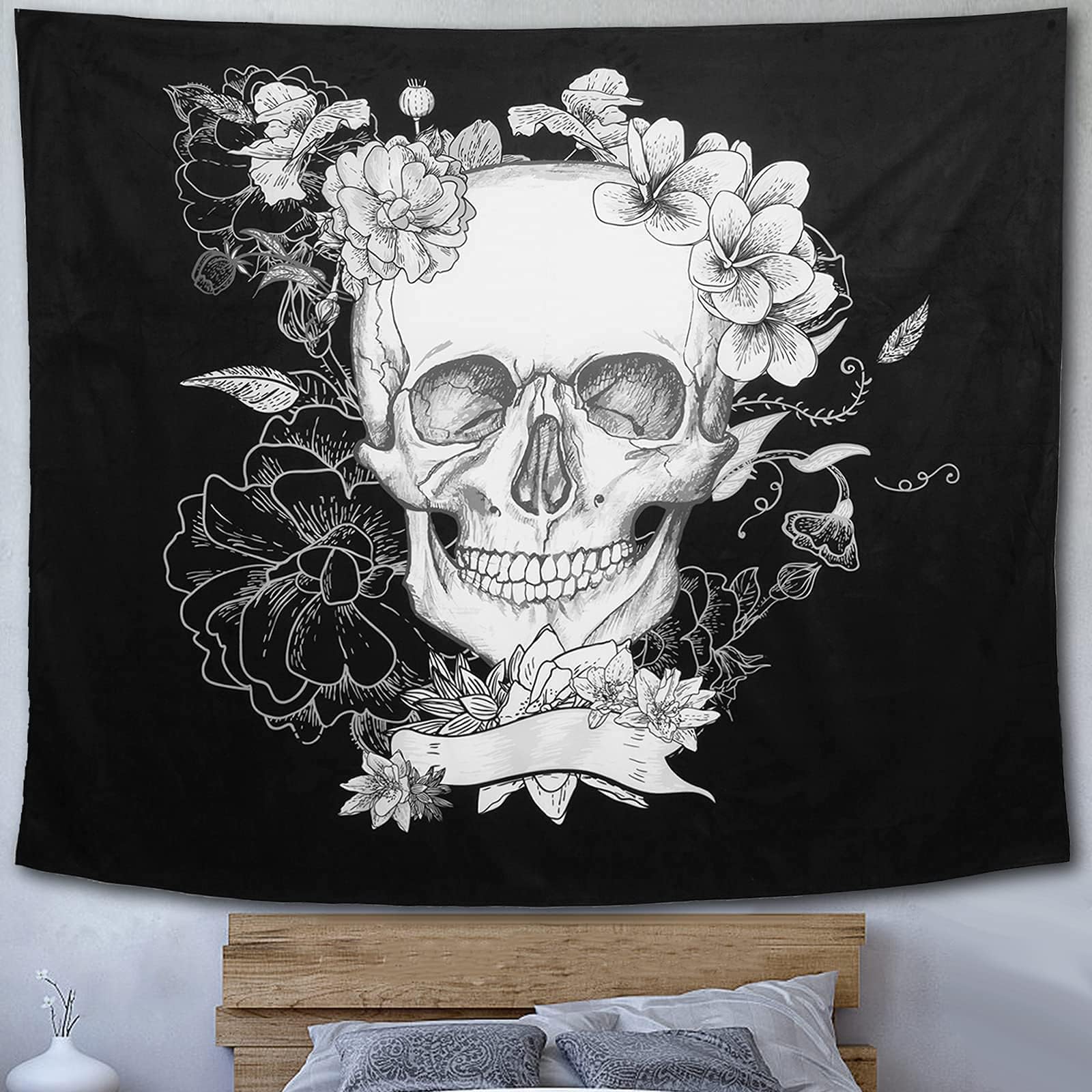 Tapestry for Bedroom Aesthetic, Skull Tapestry Floral Gothic Thick Mystic Tapestry, Black and White Tapestry Wall Hanging decor for Bedroom,Live Streaming,Halloween