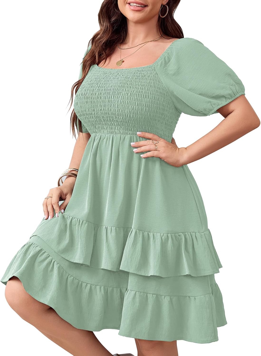Womens Plus Size Summer Dresses Tiered Square Neck Short Sleeve Smocked A Line Ruffle Layered Swing Short Mini Dress