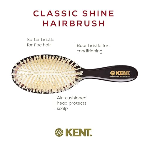 Miniatura 4 de Kent CSGS Classic Shine - Cepillo alisador de cojín ovalado pequeño y desenredante de pelo con cerdas de jabalí blanco natural, cepillo de pelo