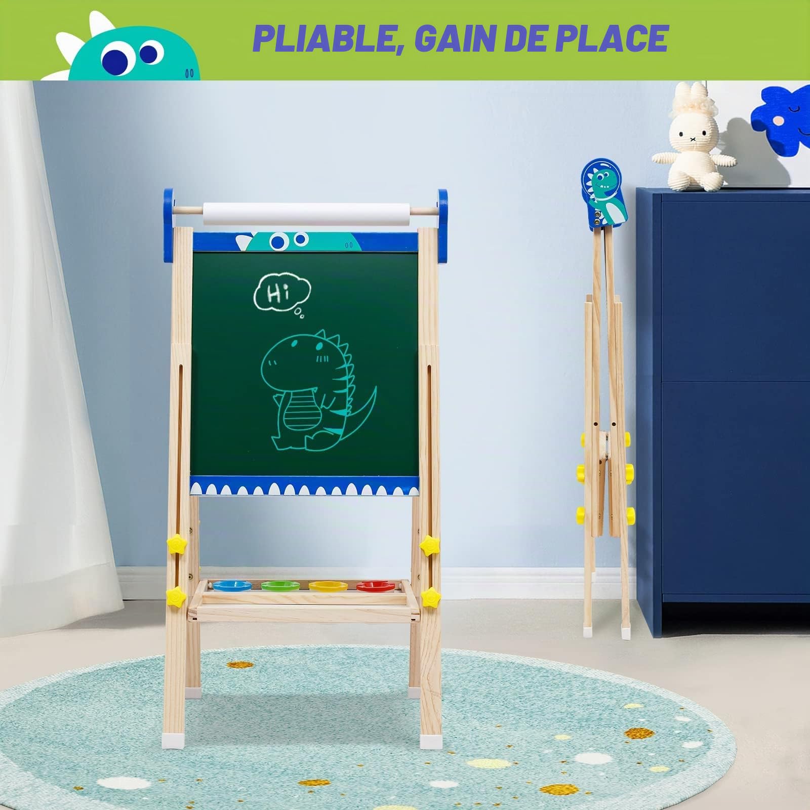 Chevalet Peinture Enfant,Tableau de Dessin Double Faces en Bois Pliable,Chevalet d'art Réglable en Hauteur avec Chiffres, Volutes et Autres Accessoires,Convient Enfant 2+ Ans(Dinosaure)