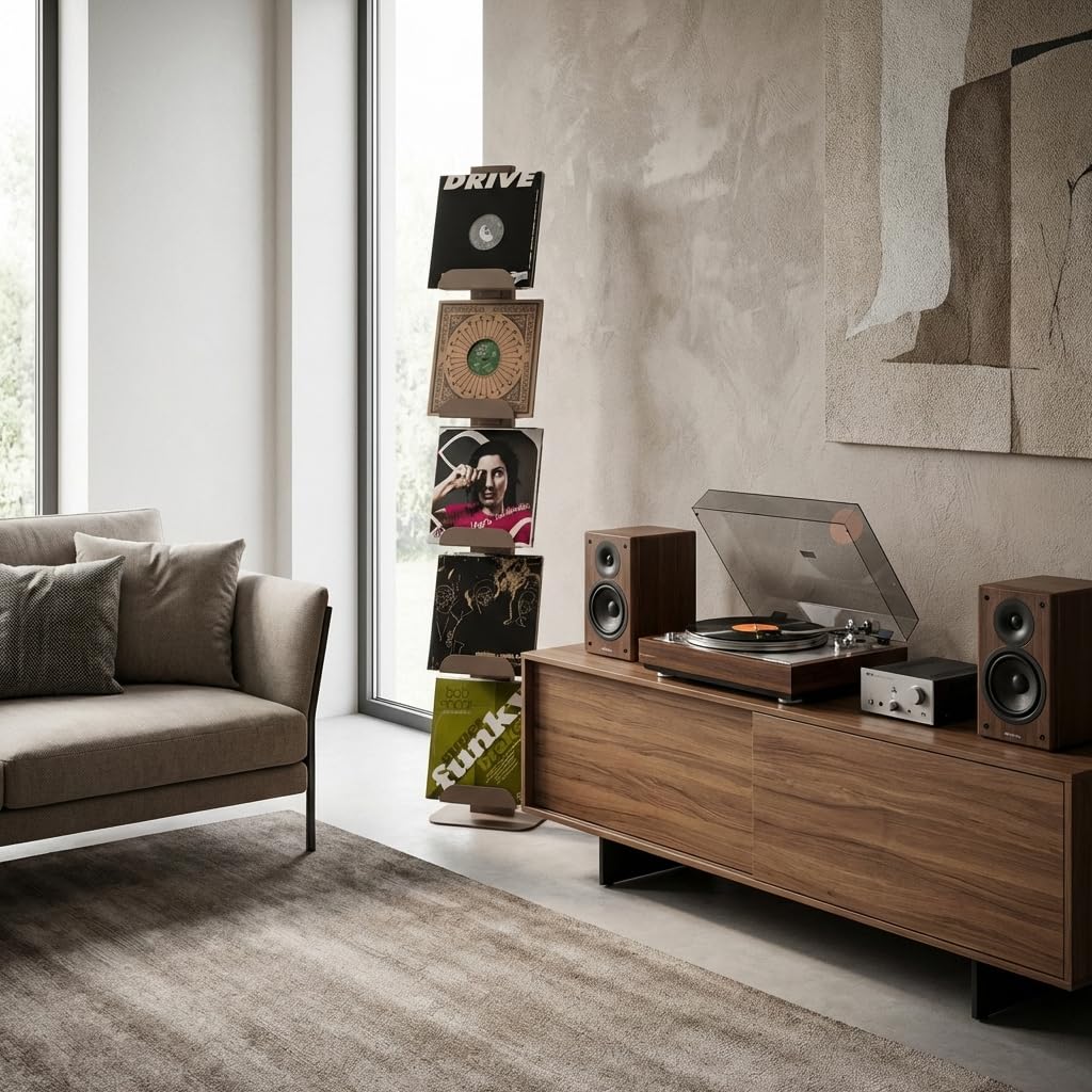 ALUBOX LYRA Rangement Vinyle Vertical avec 5 Étagères DIM 170 x 33 x 17 cm Présentoir à Disques Vinyles pour plus de 60 LP Meuble Support Vinyle en Aluminium (SABLE, 5 ÉTAGÈRES)