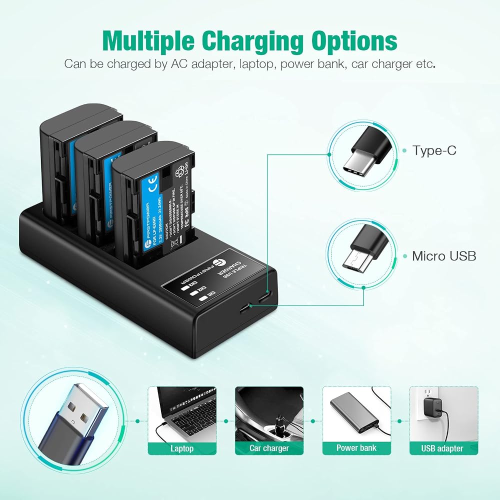 FirstPower LP-E6NH Battery with Triple Slot Charger for Canon EOS R5, R5 Mark II, R6, R7, R, 5D Mark IV, 5D Mark III, 5D Mark II, 5DS, 5DS R, 6D, 6D Mark II, 7D, 7D Mark II, 60D, 70D, 80D, 90D