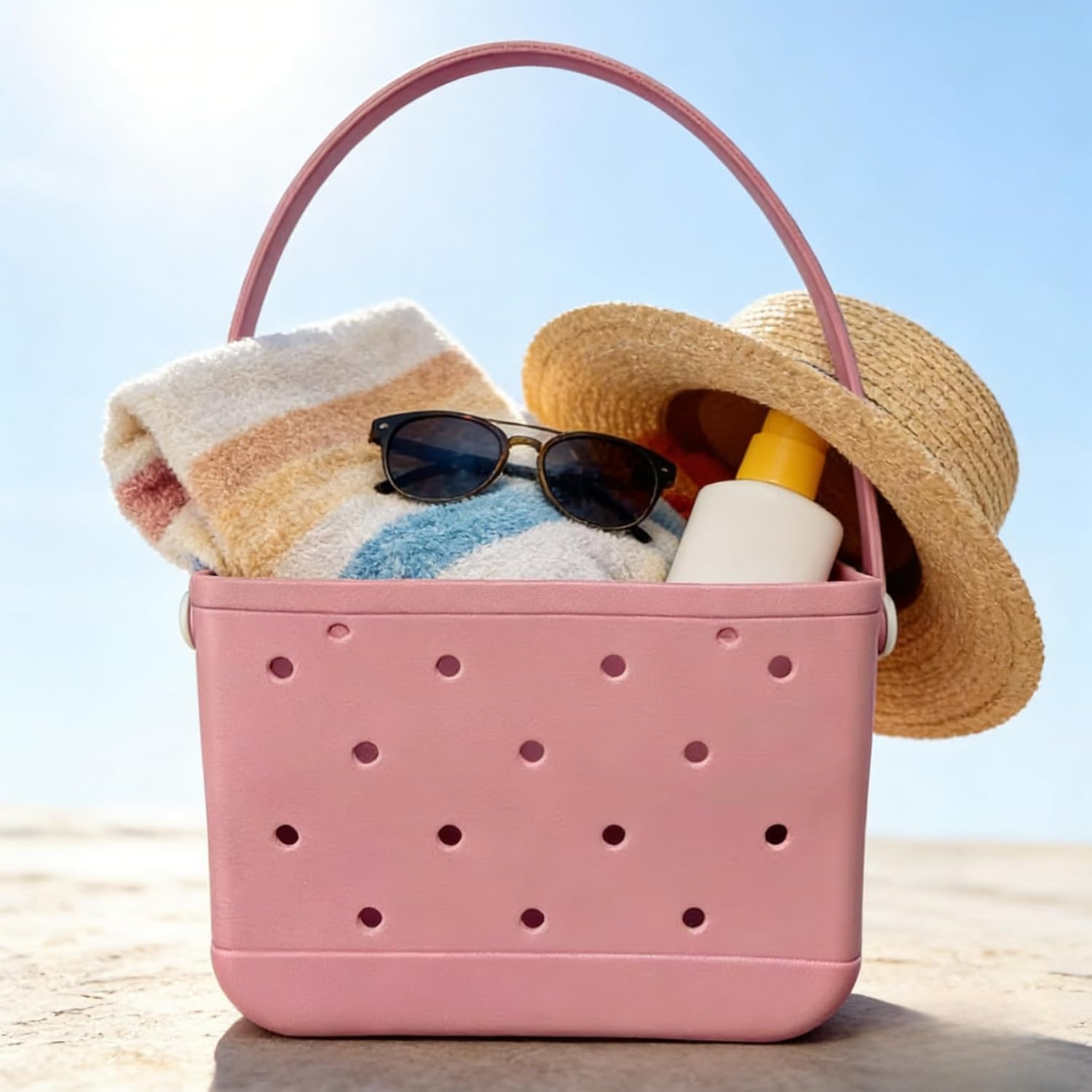 Small Rubber Beach Tote Bag, Open Top Portable Outdoor Travel Bag for Beach Picnic Pool Outings