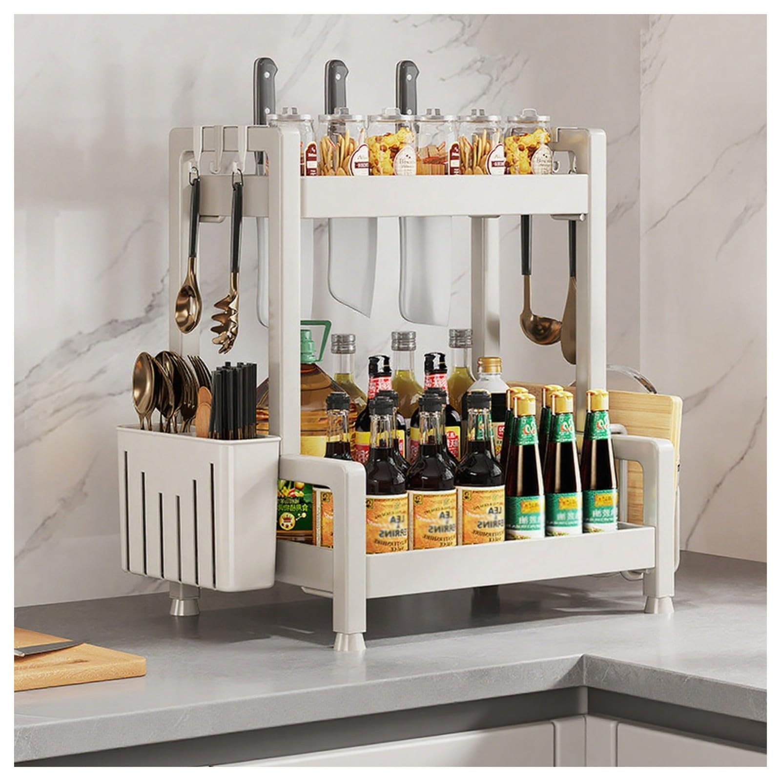 HADECOLL Carbon Steel Spice Rack, Kitchen Countertop Organizer With Knife Holder, Cutting Board Storage,White-2 Tier-40cm