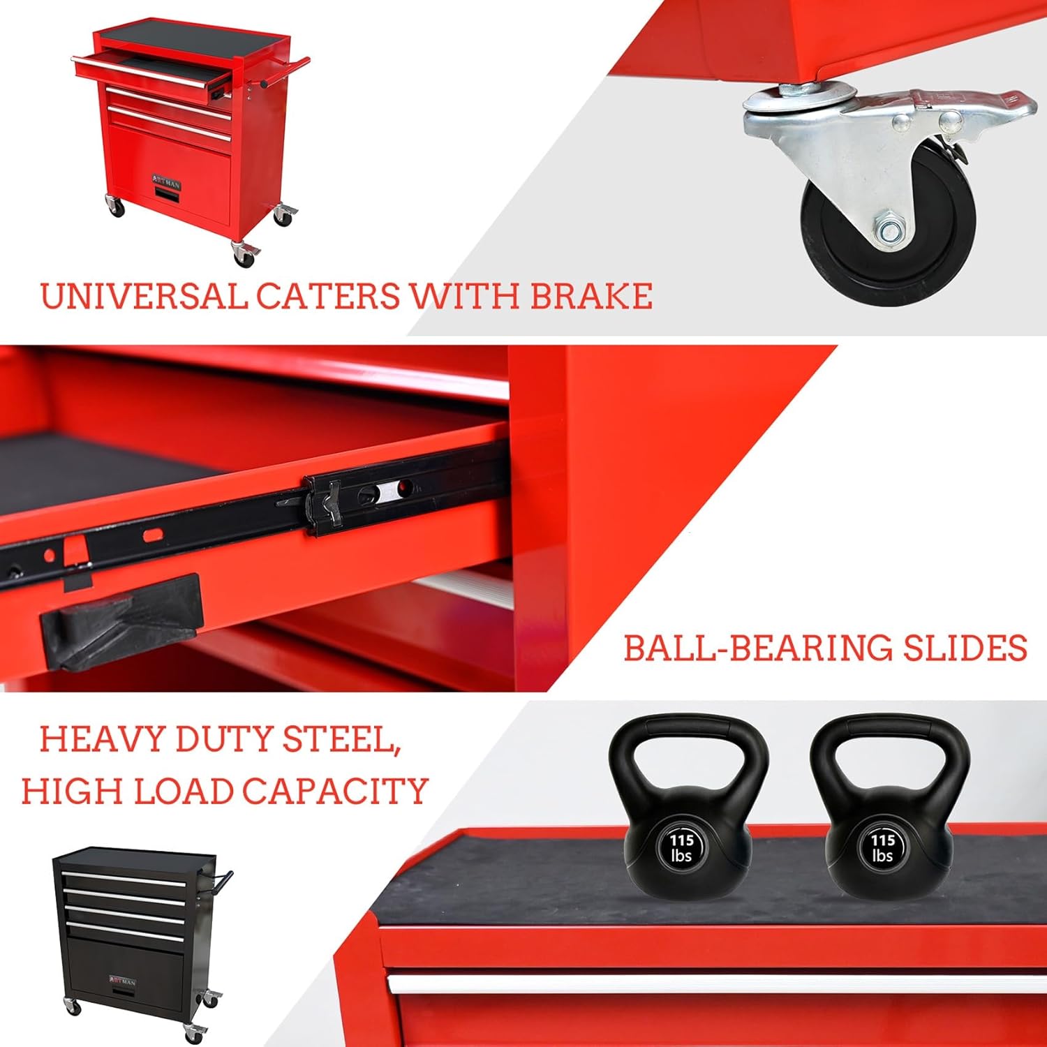 Mechanic Tool Cart, Multifunctional Tool Cart, Rolling Tool Chest, Tool Chest, 4"Casters (2PCS with brake and 2PCS without brake) 4 Drawers Tool Cabinet for Warehouse, Garage-BLACK ( Color : Bl