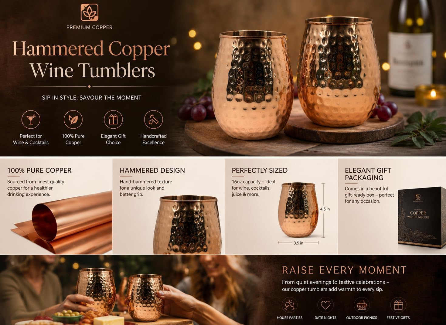 Hammered 100% Pure Copper Glass, Serveware & Drinkware Copper Glass Set 400 ml, Traditional Drinking Water Cup Glass Pack of 2, LWH- 8x8x11.5CM