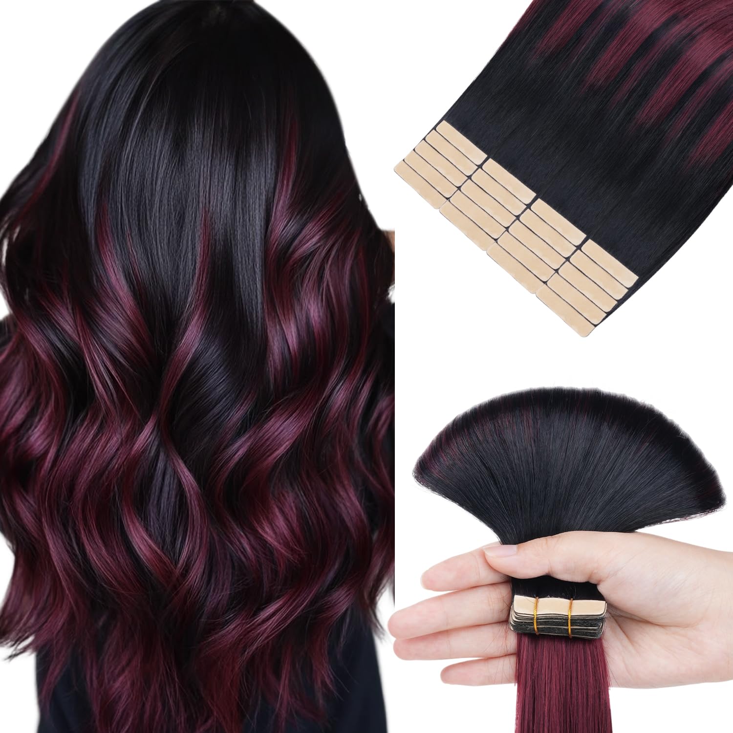 HOTBANANA Tape in Hair Extensions, 22 Inch Tape in Hair Extensions Human Hair 20pcs 50g Jet Black to Burgundy Tape ins Straight Remy Human Hair