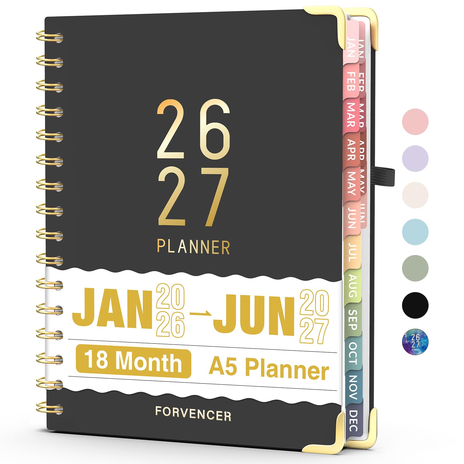 Juli 2026 - Dezember 2027 Planer Forvencer 18-Monatsplaner 2026-2027, 15,2 x 20,3 cm | Hardcover Kalender Akademischer Planer Wochen- und Monatsplaner Tagesplaner Buch Schulbedarf für Schüler Lehrer A5 Schwarz