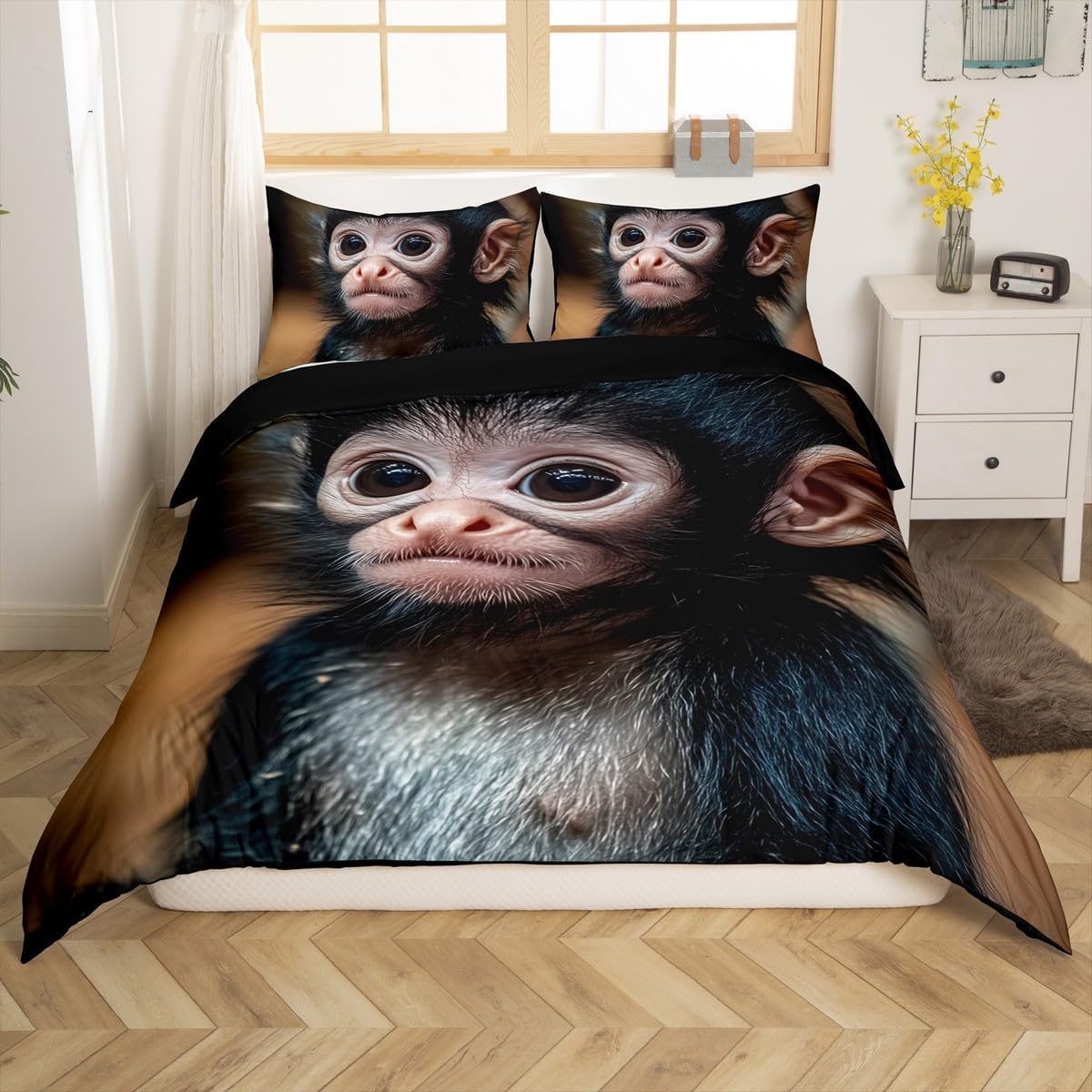 Erosebridal Monkey Duvet Cover Wild Animal Bedding Set for Child Girls Youth,Wildlife Comforter Cover Wild Safari Theme Bedspreads Cover with Zipper Closure Bedroom Decor King Size Black