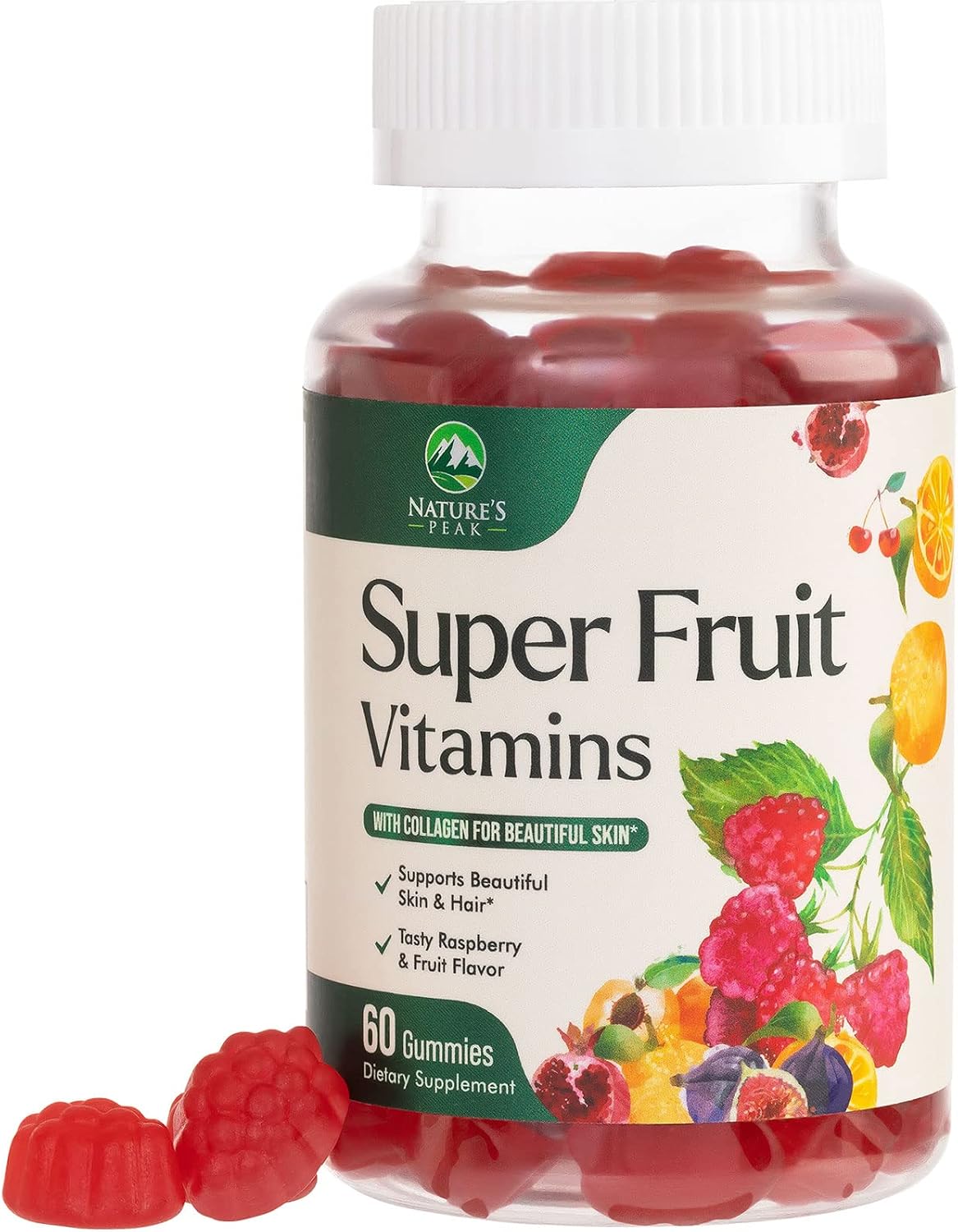 Super Fruit Vitamin Gummies With Collagen & Biotin - Beauty Vitamins Gummy for Women with 8 Superfruits for Hair, Skin & Nails - Non-GMO, Gluten-Free, Tasty Raspberry Flavor - 60 Gummies