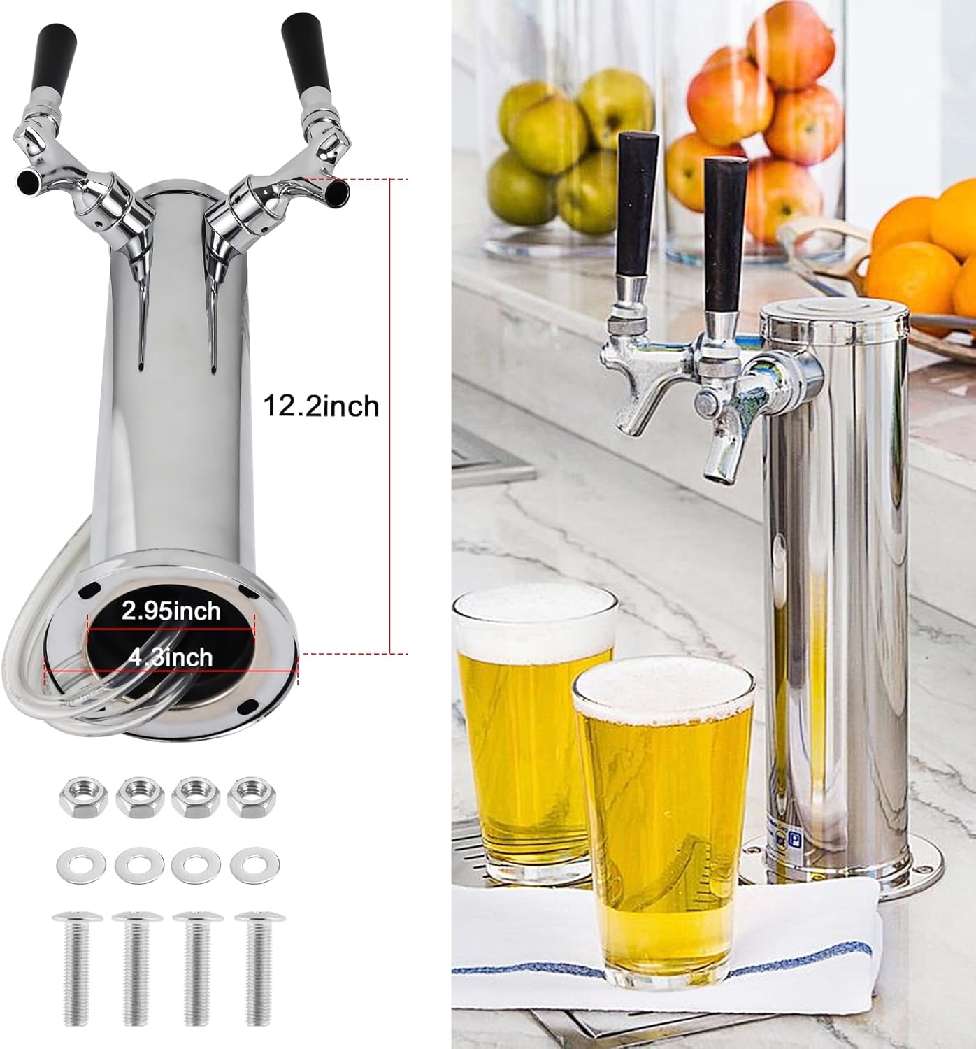 Dual Beer Tower Dispenser - Double Tap Kegerator Tower Draft Beer Tower Dispenser Pre-installed 5ft Beer Line Stainless Steel Core Faucet Double Keg Tap Beer Tower for 3" Kegerator Tower