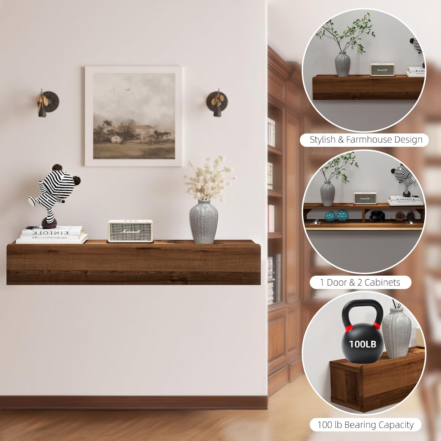 Floating Solid Wood Console Table, 47'' Wall Mounted Narrow Entryway Table with Storage Shelf, Modern Couch Shelves Small Entry Way Tables for Entryway, Front Hall, Hallway (Walnut, 47.24IN)