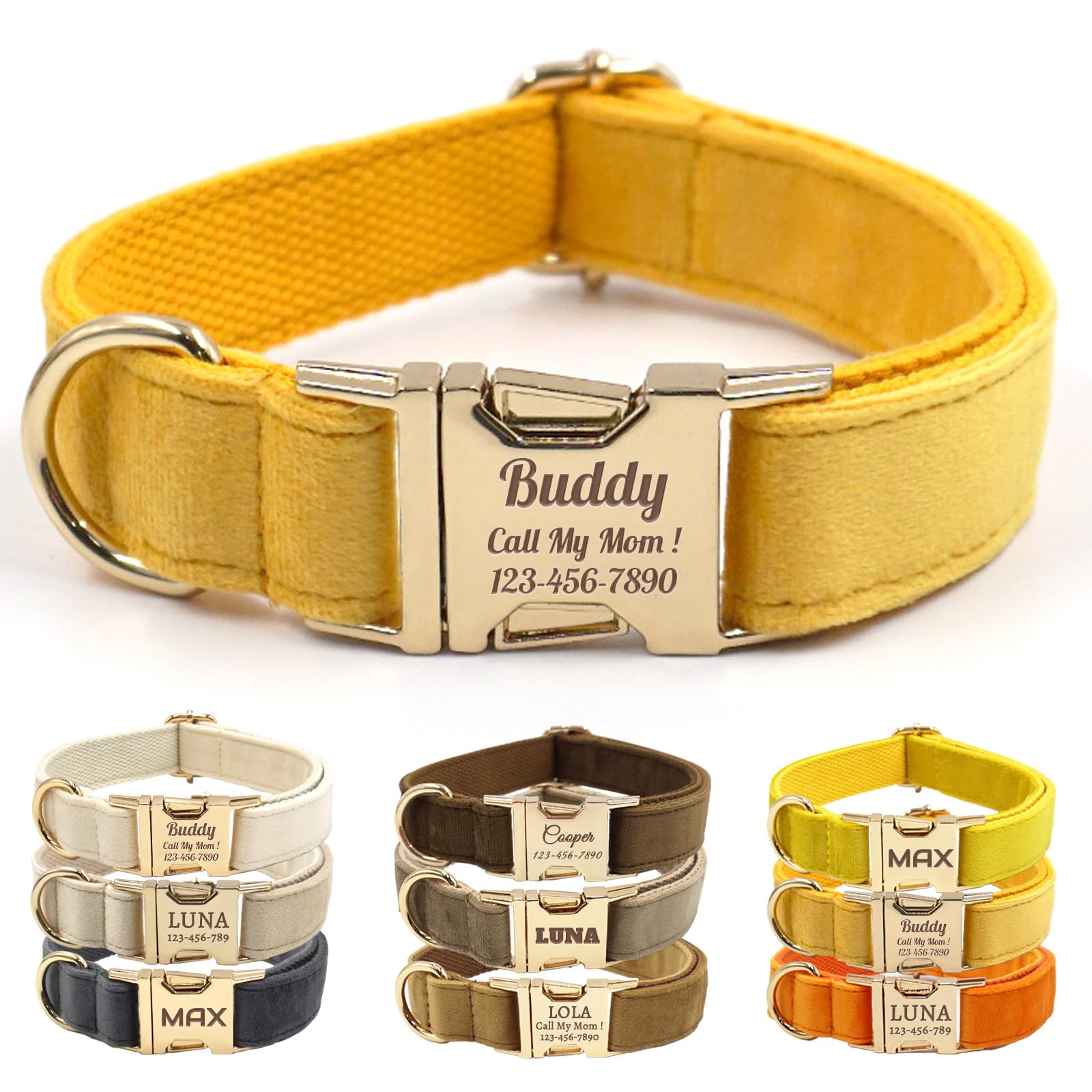Collier personnalisé en velours jaune pour chien élégant avec boucle en métal robuste taille M