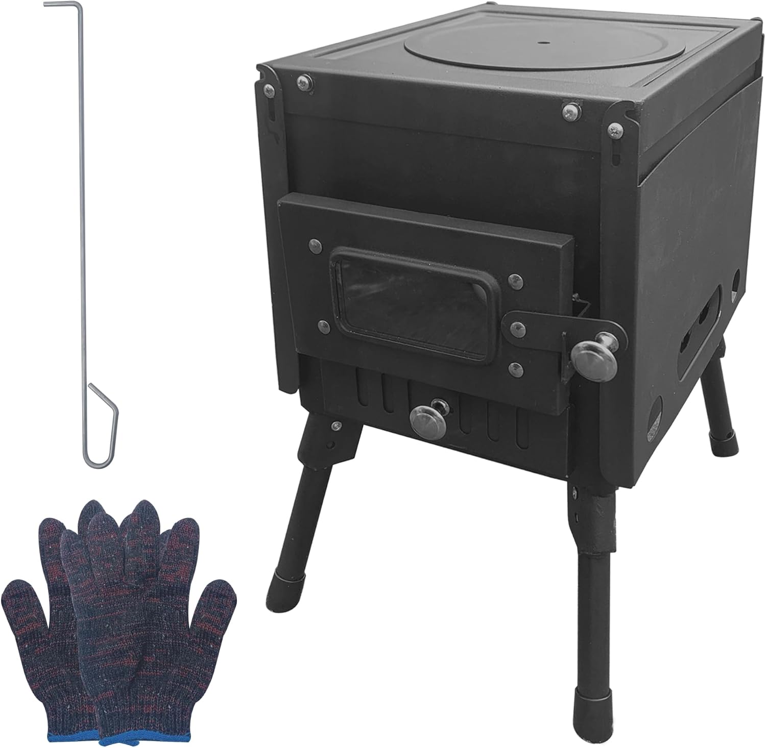 Camping Wood Stove for Hot Tents, Portable Wood Burning Stove Folding Hot Tent Stove for Outdoor Cooking and Heating, with Heat Resistant Gloves, Includes Chimney Pipe, Black (Small)