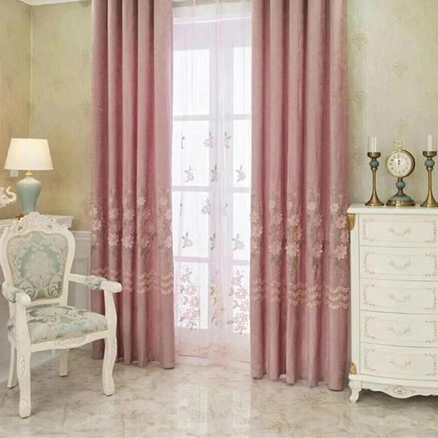 Bedroom Curtains 2 Panels Blackout 96 inch Long, Chenille Window Blackout Curtains Hook Embroidered Flowers Leaves Drapes for Living Room Darkening Pink, 52 x 96 Inch