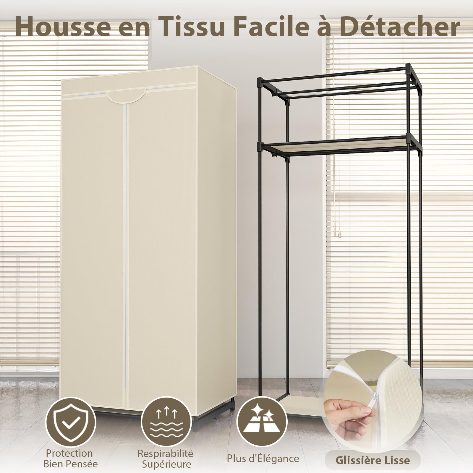 GOPLUS Armoire-penderie Multifonctionnelle, Armoire de Rangement avec Housse Amovible et Barres Transversales Renforcées, Étagères et Tige de Suspension Équipées, Charge Max 30KG (Modèle B,Beige)