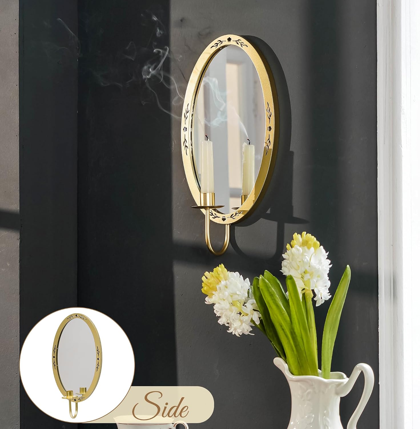 SOFFEE DESIGN Oval Wall Sconce with Cutout Pattern & Mirror, Minimalist Vintage Metal Candle Holder for Taper Candles, Understated Elegance for Living Room Bedroom Hallway Decor