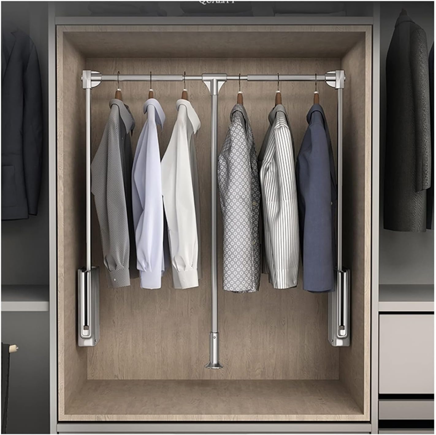 Adjustable Aluminum Pull Down Closet Rail Hanger, Heavy-Duty Storage System, 30kg Load Capacity, 564-1210mm Clothes Lift Rod for Efficient Space Saving