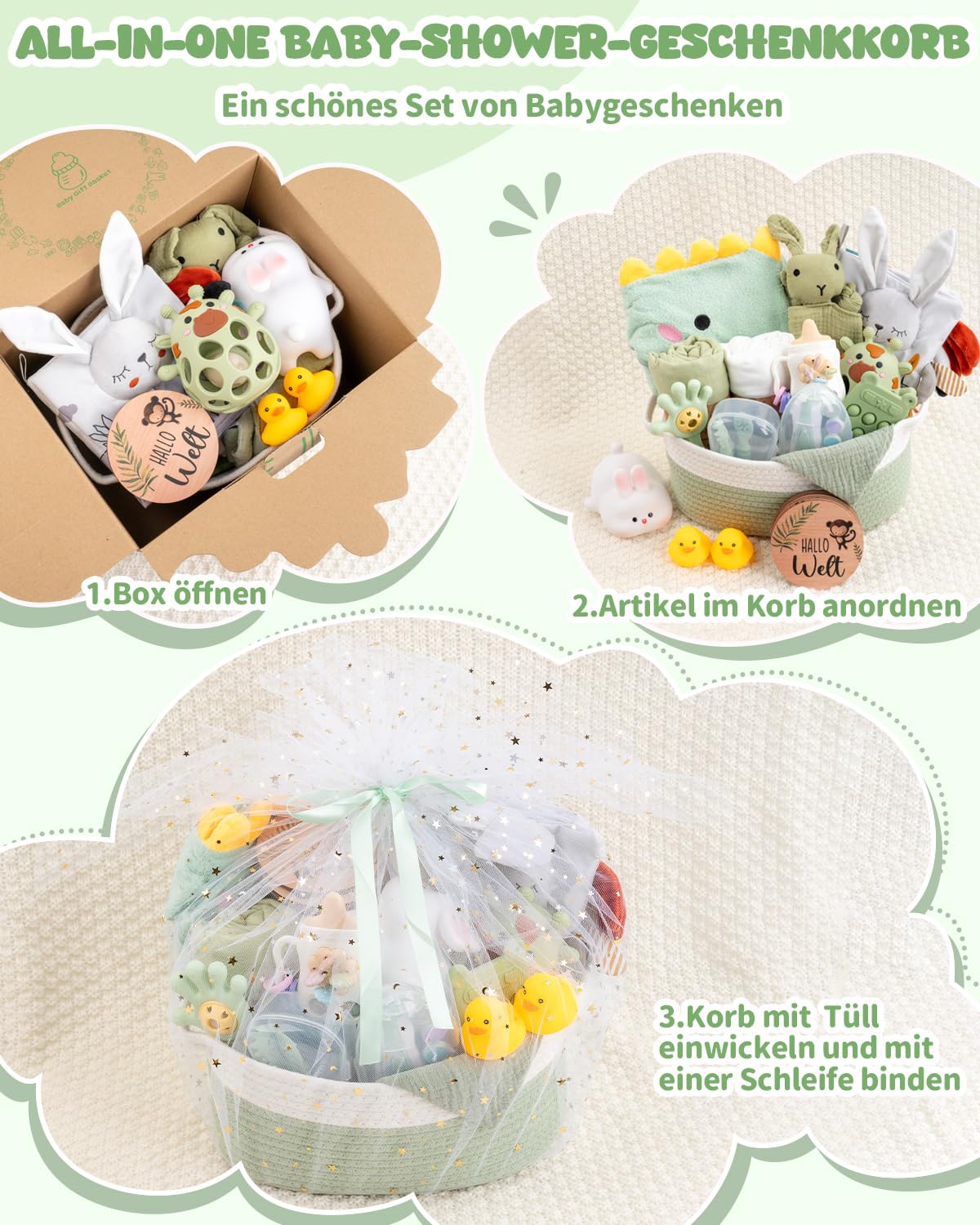 Geschenk zur Geburt, Neugeborenen Geschenk für Jungen & Mädel, Grün | Mit Babydecke, Baby-Nagelfeile, Beikost-Zubehör und Schnuffeltuch.