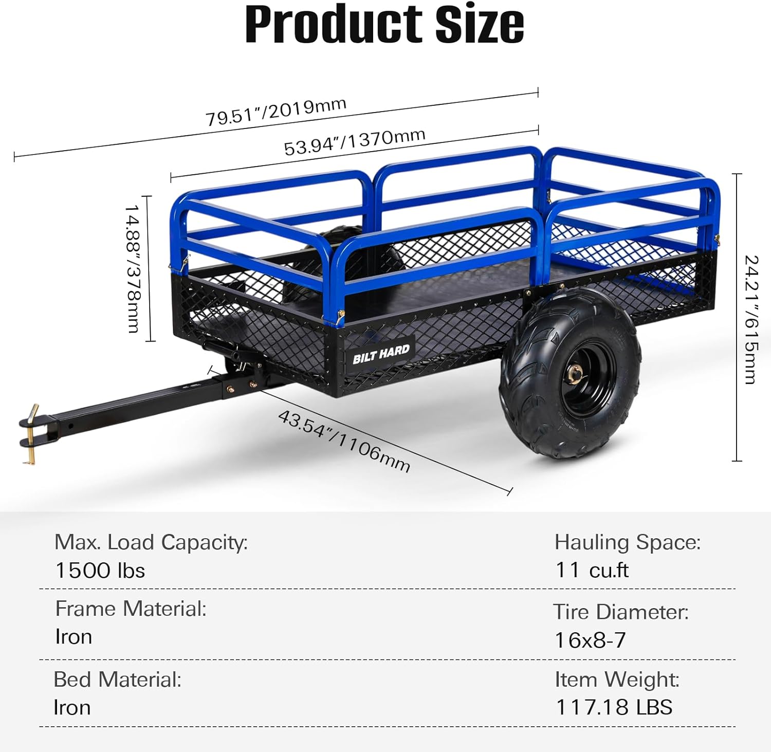 BILT HARD Heavy Duty 1500 lbs Capacity ATV Dump Cart, 11 Cu.Ft Tow Behind Garden Trailer, Pull Behind Yard Dump Trailer for Mowers, Tractor, ATVs