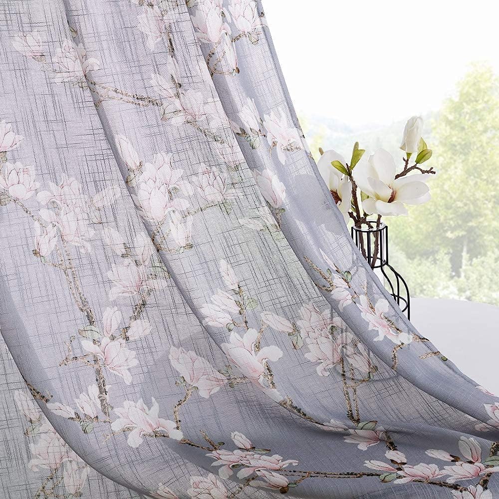 RYB HOME Sheer Linen Curtains 84 inches Long - Light Filtering Privacy Window Treatment Boho Rustic Geometric Pattern Drapes for Living Room Bedroom Sliding Door, 2 Panels, Navy Blue (Pack of 2)