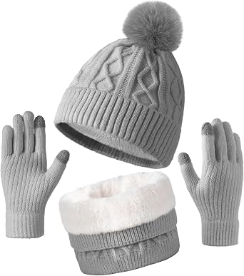 Winter Beanie Hat Circle Scarves Touchscreen Gloves Set, Valentines Day Gifts for Her Gloves Neck Warmer for Women