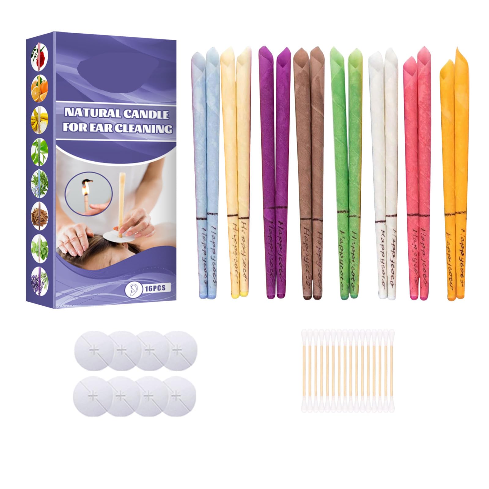 16 PCS Ear Candles, Ear Cleaning Candles Wax Removal, Natural Beeswax Ear Candles, 100% Non-Toxic Hollow Cone Candles 8 Protective Disks for Ear Care