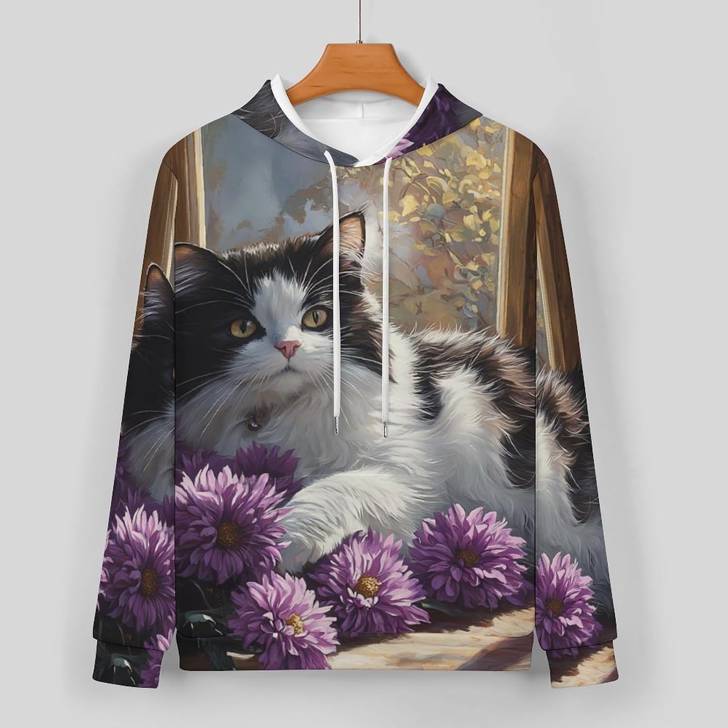 Cute Cat Flowers Adult 2 Piece Tracksuits Hoodie Sweatshirt And Joggers Sweatpants Sweat Suit Outfits