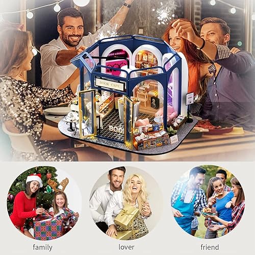 Miniatura 8 de WonDerfulC Kit de casa de muñecas de madera para bricolaje, libro de café, cabaña de escena en miniatura, modelo de construcción creativa, casa de