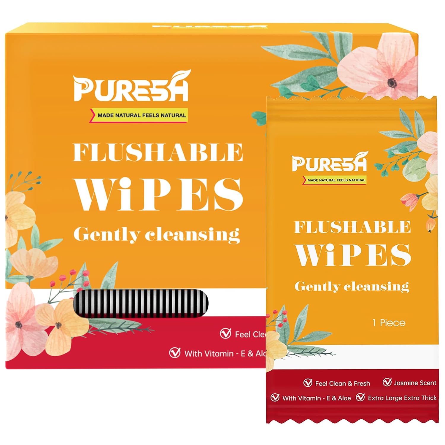 Flushable Wipes for Adults, Soft & Gentle, Jasmine Scent, Wet Wipes with Aloe & Vitamin E, Travel Essentials, Individually Wrapped, On-the-Go Wipes (65 Count, Pack of 6)