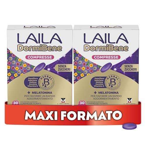 Laila DormiBene Compresse Maxi Formato, Integratore alimentare per il sonno con Herbal B Complex e Melatonina per favorire un rapido addormentamento, 2 x 30 compresse. Senza zuccheri, Senza Glutine Laila - integratore