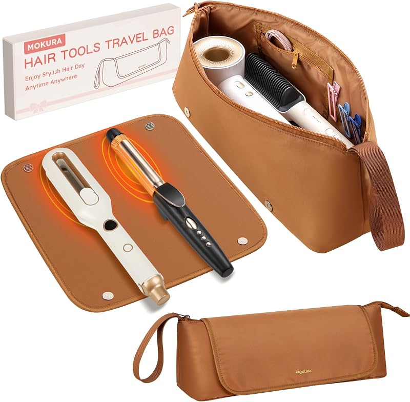 Mokura Herramientas para el cabello Bolsa de viaje con tapete resistente al calor se adapta a la plancha | Funda organizadora de accesorios para el cabello caliente, artículos esenciales de viaje para mujeres, bolsa de almacenamiento para secador de pelo de plancha plana, marrón