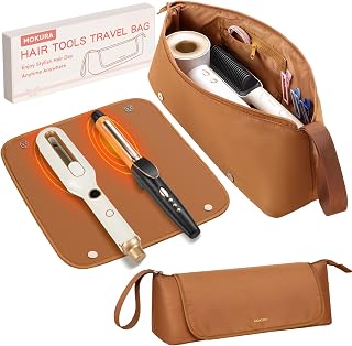 Mokura Herramientas para el cabello Bolsa de viaje con tapete resistente al calor se adapta a la plancha | Funda organizadora de accesorios para el cabello caliente, artículos esenciales de viaje para mujeres, bolsa de almacenamiento para secador de pelo de plancha plana, marrón