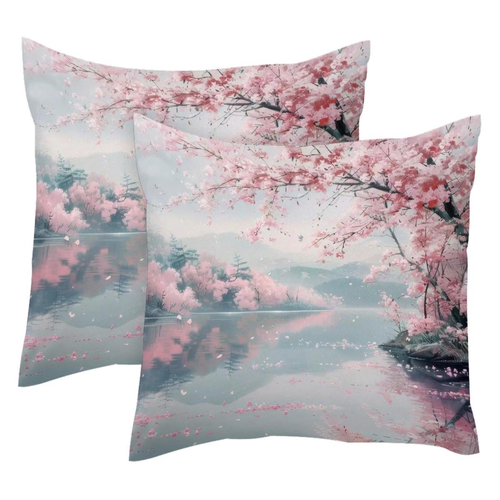 Housse de coussin velours 50x50 cm motif fleur de cerisier lot de 2