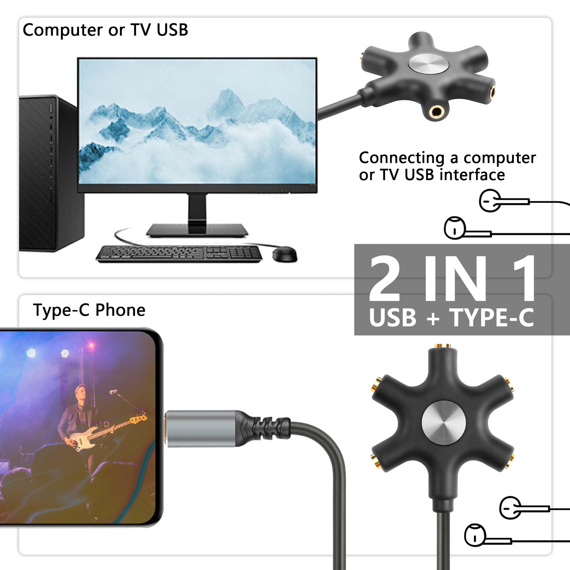 GINTOOYUN Splitter Audio 5 Vie 3.5mm Con USB A/C - Condividi Musica Da Telefono O PC Con 5 Cuffie Contemporaneamente
