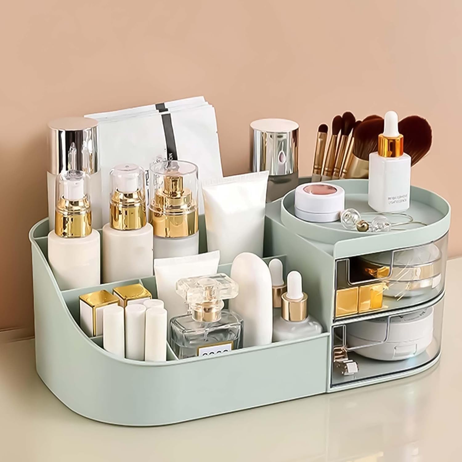 Makeup Organizer Stand Desk Storage Dressing Table Organiser Cosmetic Organizer Box Skin Care Table Bathroom Organiser Makeup Storage Box Makeup Vanity with Transparent Drawer(Green)