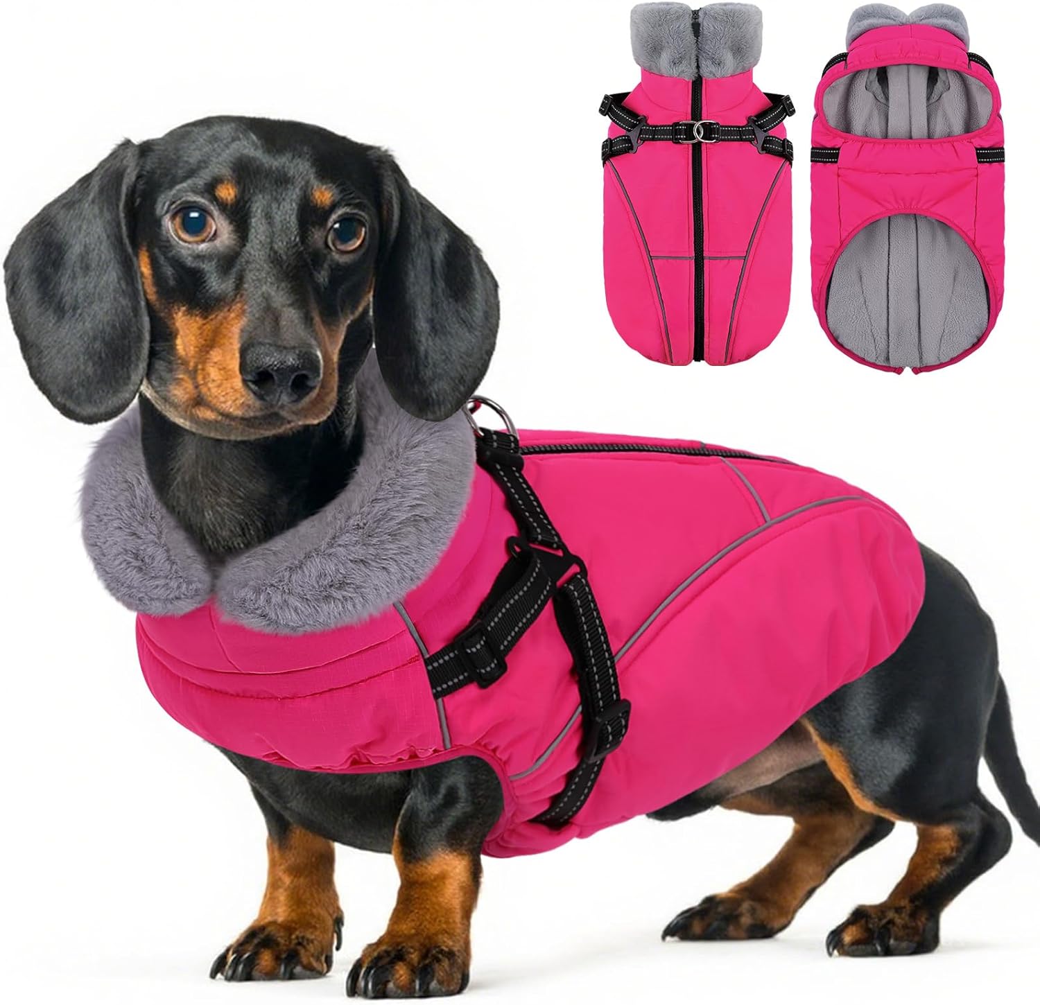 Dog Winter Coat, Windproof Dog Puffer Jacket with Harness Built in, Reflective Pet Vest for Cold Weather Dogs Snowsuit with Zipper, Rose 3XL