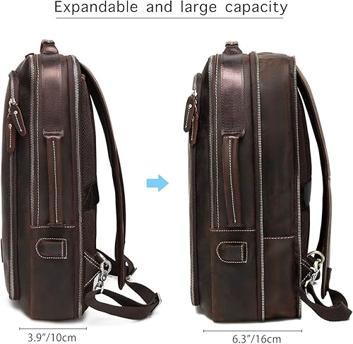 Miniatura 4 de Lannsyne Mochila de cuero de grano completo expandible 15.6 para computadora portátil, bolsa de viaje de hombro marrón, Marrón, L, Portátil