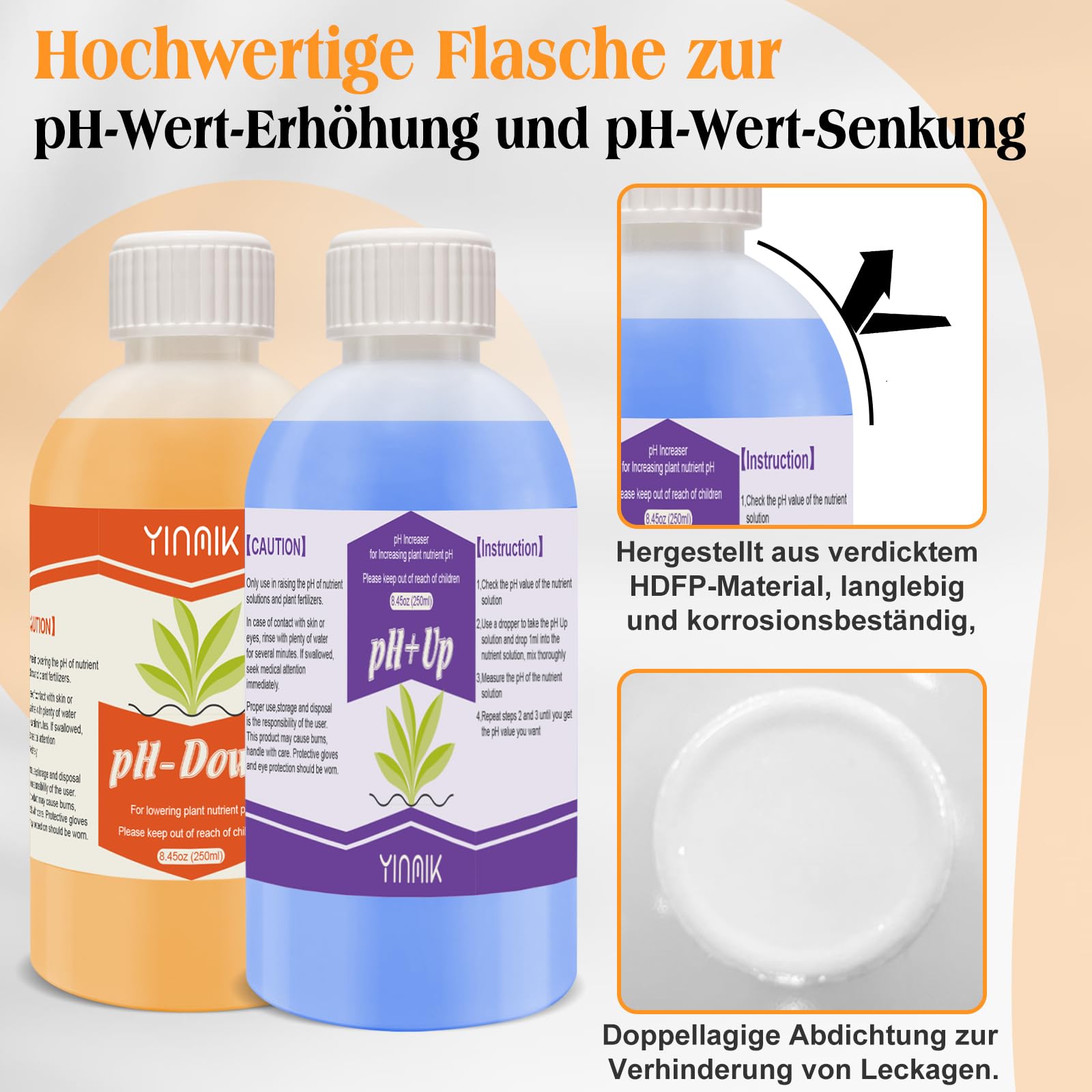 pH Regulator für Hydrokultur, pH Up and pH Down Liquid, pH Regulatorflüssigkeit zur Senkung oder Erhöhung des pH Werts, 250 ml Premium-Puffer, geeignet für alle Hydrokultursysteme (Erde und Wasser)