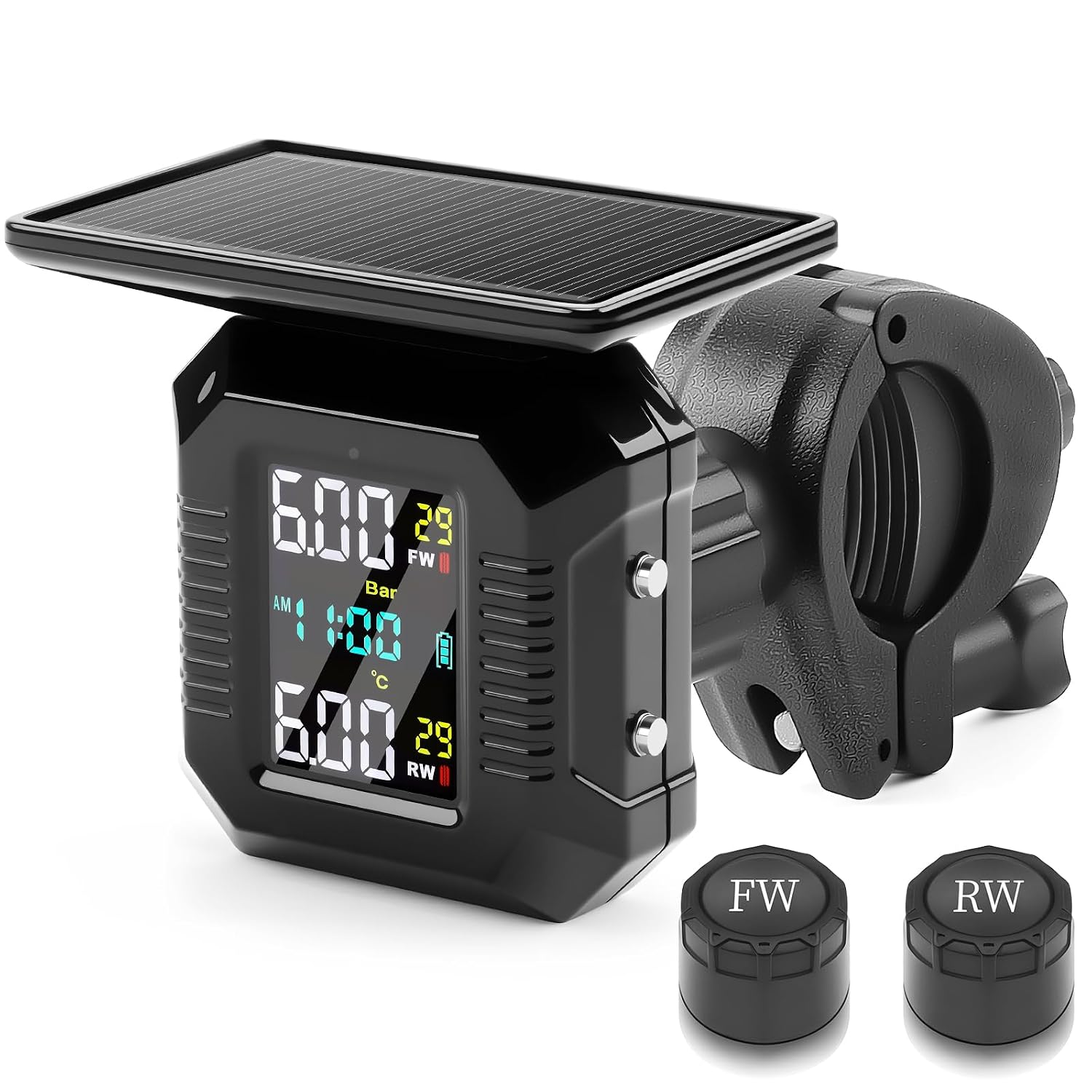 Motorcycle Tire Pressure Monitor, Bike TPMS, 5 Different Voice Alarms, Auto Sleep Mode, 0.01 Bar High Precision, Sunlight/Magnetic Suction USB Charging, IP67 Waterproof, 2 External Sensors