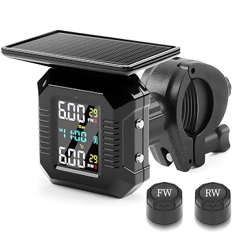 Motorcycle Tire Pressure Monitor, Bike TPMS, 5 Different Voice Alarms, Auto Sleep Mode, 0.01 Bar High Precision, Sunlight/Magnetic Suction USB Charging, IP67 Waterproof, 2 External Sensors |   5   / USB  IP68      0-4Bar