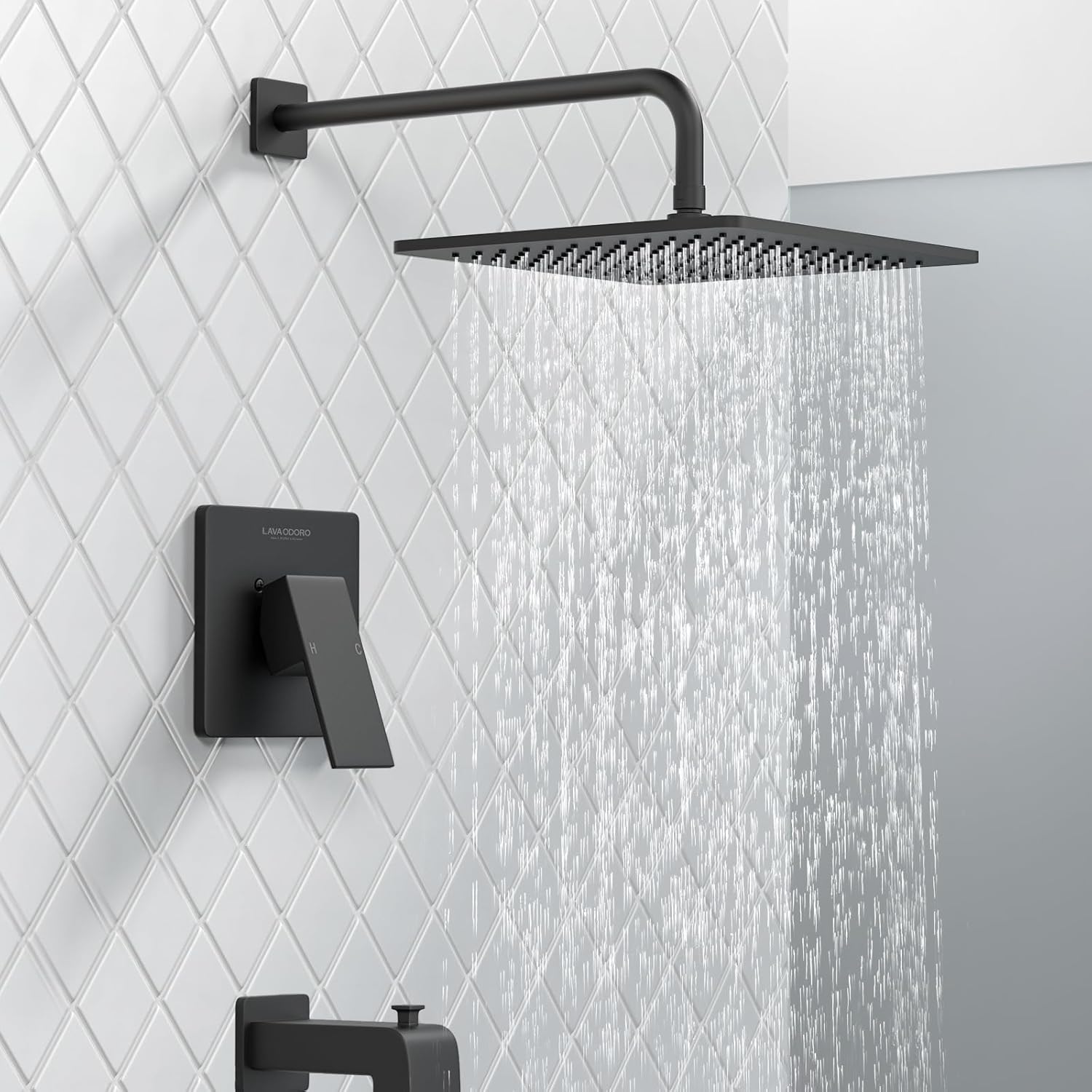 Lava Odoro 12-inch Square Bathtub and Shower Faucet Set Matte Black, Shower Trim Kit with Rough-in Valve High Pressure Black Rainfall Shower Head and Handle Set, (Valve Included), SF106-MB-T