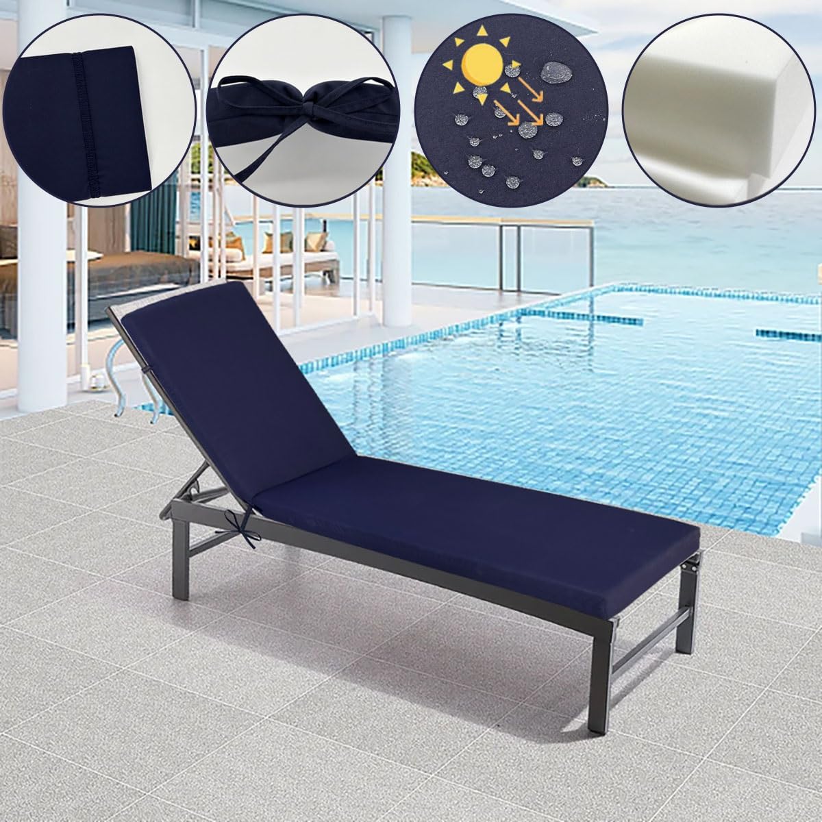 Ldabrye Cuscino da esterno per chaise longue e sedia, impermeabile, con strisce elastiche regolabili per mobili da giardino