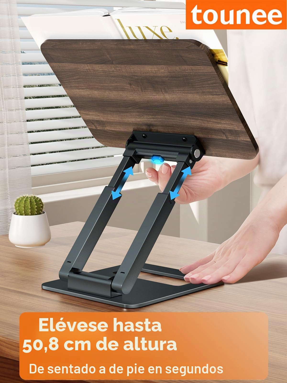 Tounee Atril telescópico para libros de cocina, altura ajustable, diseño extensible, ergonómico con pinzas laterales elásticas, apto para todos los libros (gris)
