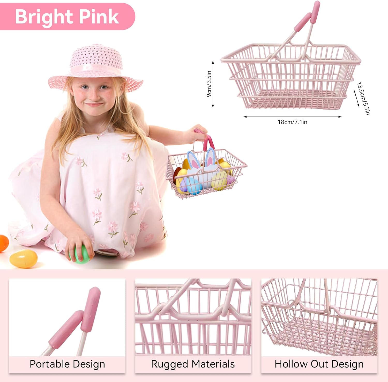 2PCS Metal Wire Basket, Mini Shopping Basket Pink Storage Basket Wire Basket with Handle Iron Basket for Home