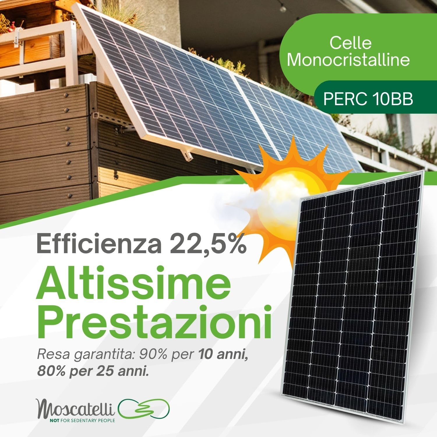 MOSCATELLI Pannello Solare 240W per Batterie 12V-24V - Fotovoltaico da Balcone con Celle Monocristalline PERC 10BB ad Alta Efficienza – Tensione 42V e Massima Resa Energetica
