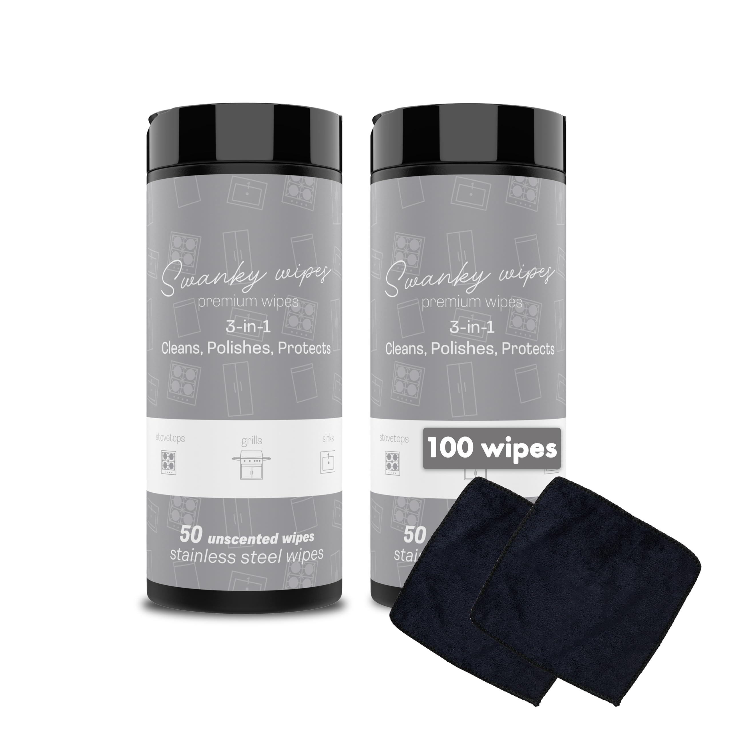 Swanky Stainless Steel Cleaner Wipes - Grime &amp; Grease Remover Kitchen Cleaning Supplies - Clean &amp; Shine, For Stove Top, Refrigerator, Sink, Oven, &amp; Household Appliances - Canister, 100 Count