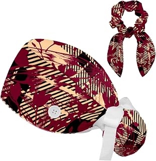Set of 2 Bouffant Caps with Hairband Surgical Caps Scrub Cap, Floral Butterfly and Plaid Pattern
