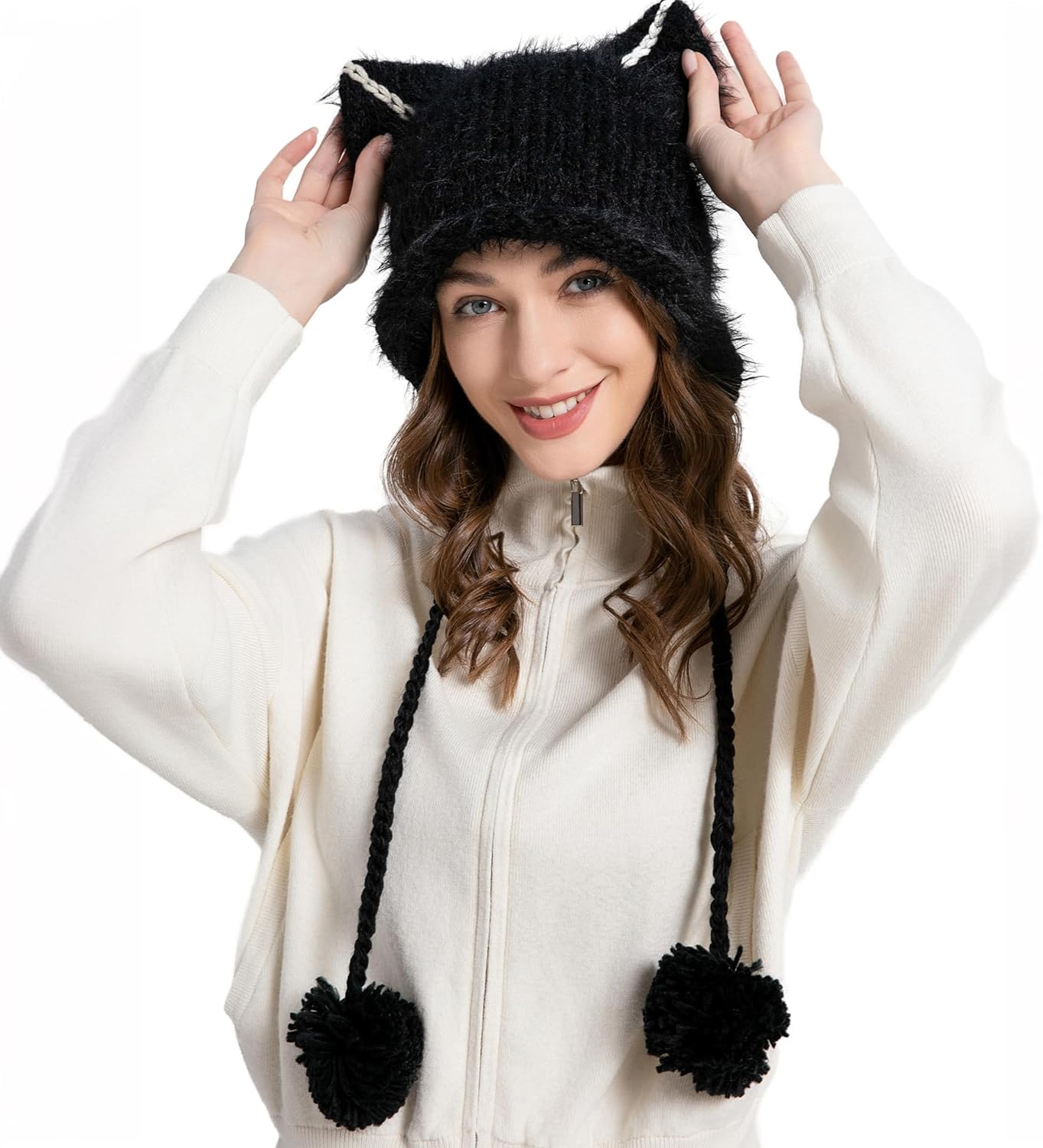 ZLYC Women Crochet Hat Knit Cat Ear Slouchy Beanie Cute Vintage Grunge Fuzzy Hat - Image 3